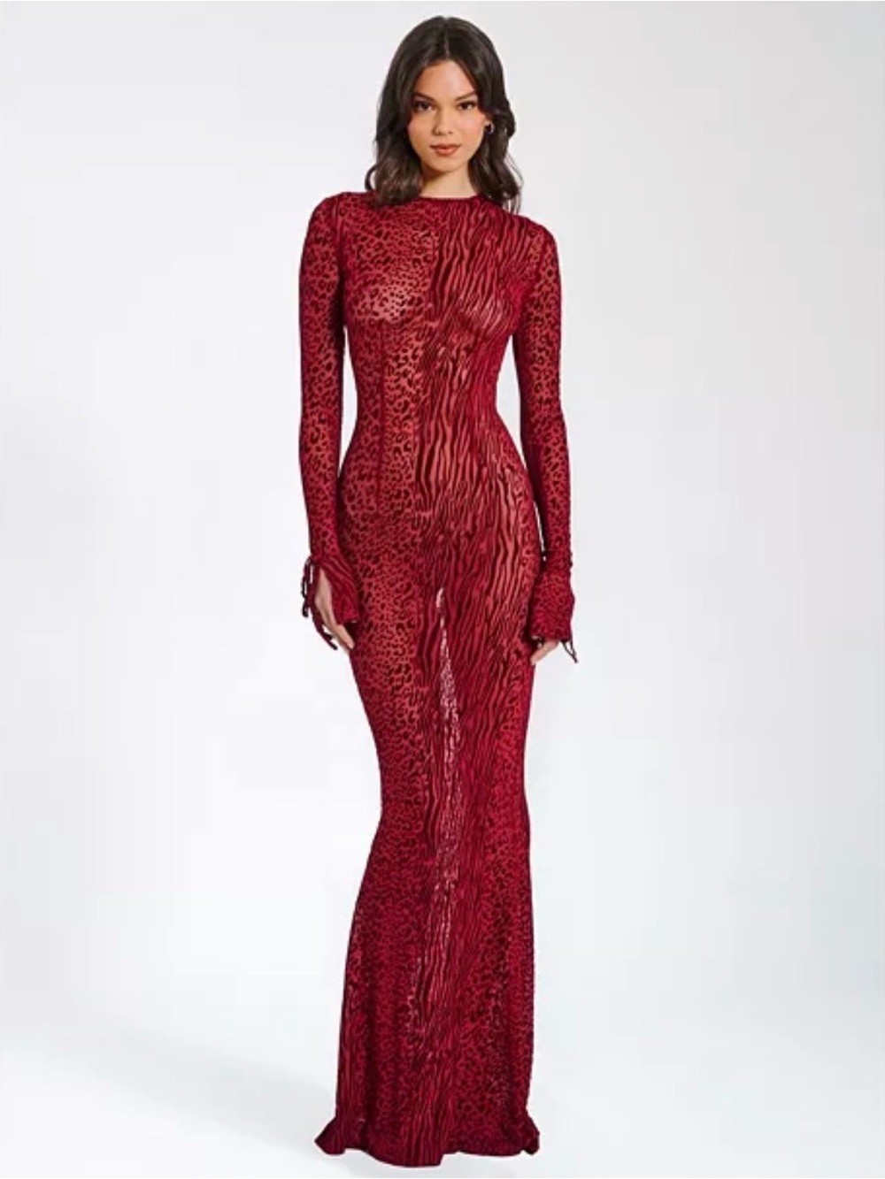 Long Sleeve Red Animal-Print Evening Gown